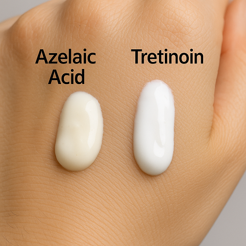 Applying Azelaic Acid cream and Tretinoin cream side by side on the back of the hand for comparison