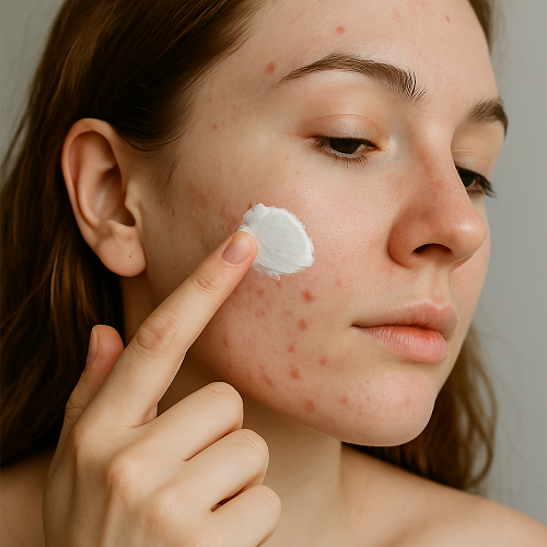 Instructional photo of using Aziderm Cream 20% – applying cream to the face with a fingertip