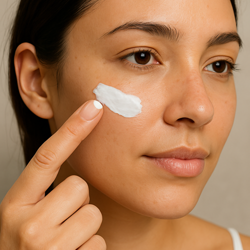 Instructional photo of applying the cream to the skin with a fingertip