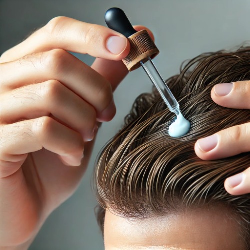 Applying Minoxidil liquid or foam to the scalp using a dropper
