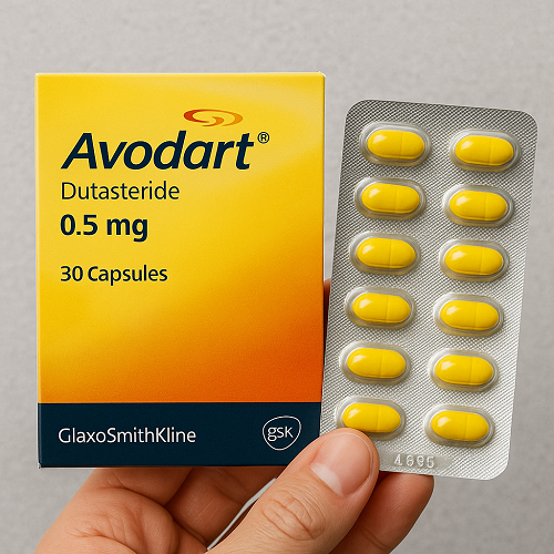 Avodart 0.5mg package and packaging box close-up image