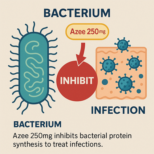 Visual diagram showing how Azee 250mg inhibits bacterial protein synthesis to treat infections