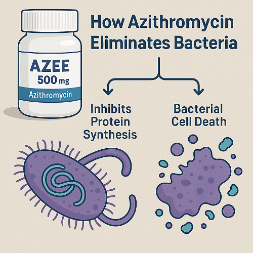 Visual diagram explaining the mechanism of Azee 500mg – how Azithromycin eliminates bacteria