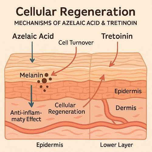 Medical diagram explaining the cellular regeneration process and the mechanisms of action of both ingredients inside the skin