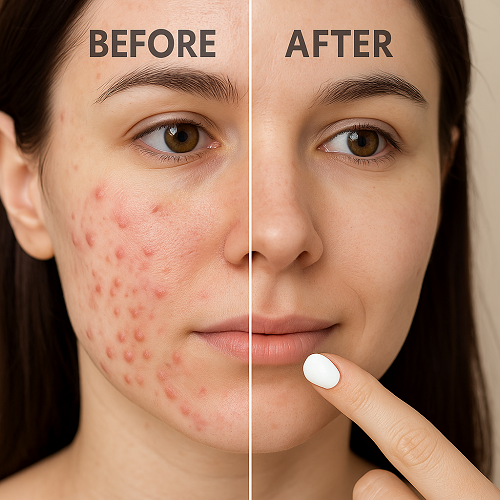 Before & after comparison photo showing reduced acne after using Aziderm Cream 20% for a period of time