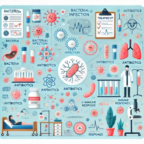 Medical infographic explaining bacterial infection and antibiotic treatment