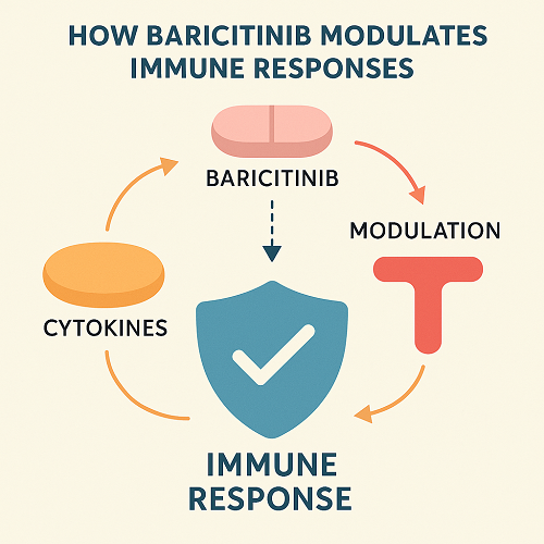 Visual diagram showing how baricitinib modulates immune responses