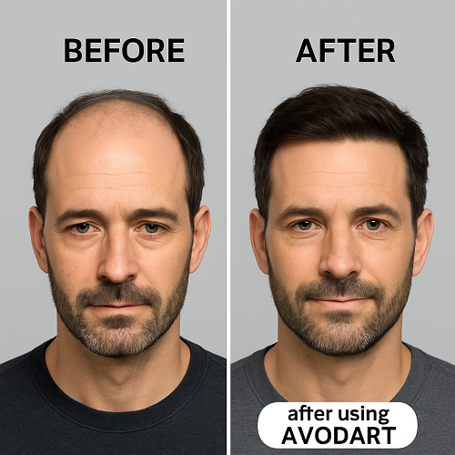 Before & after comparison photo of a man with hair restored after using Avodart