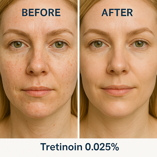 Before & after comparison photo showing skin improvement after using Tretinoin 0.025%