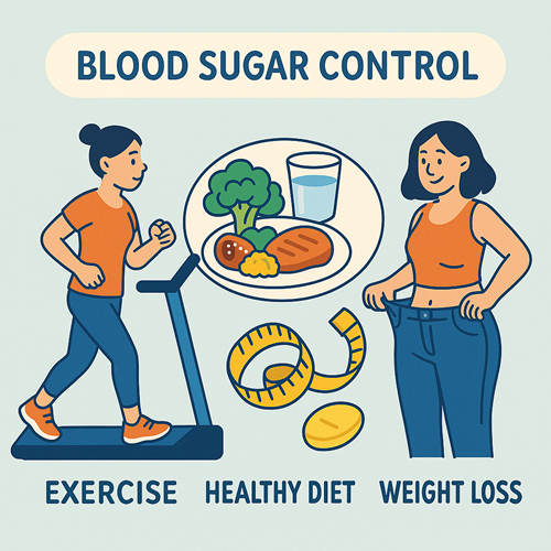 Image emphasizing exercise, healthy diet, and weight loss for blood sugar control