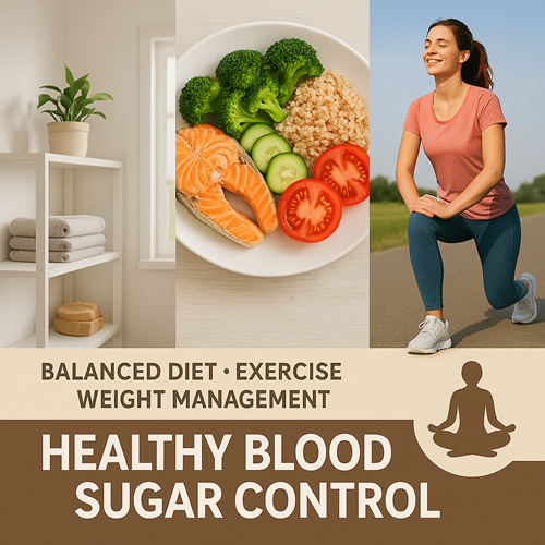 Image emphasizing balanced diet, exercise, and weight management for healthy blood sugar control
