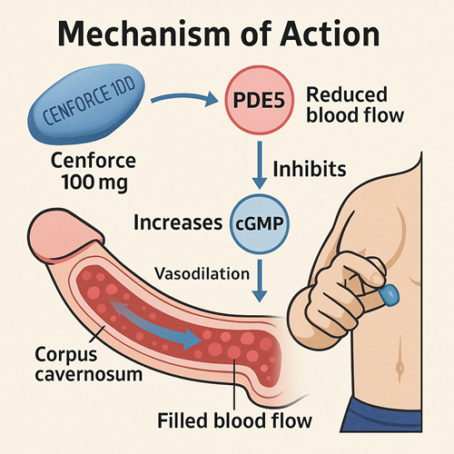 Medical diagram explaining the mechanism of Cenforce 100mg (Sildenafil)