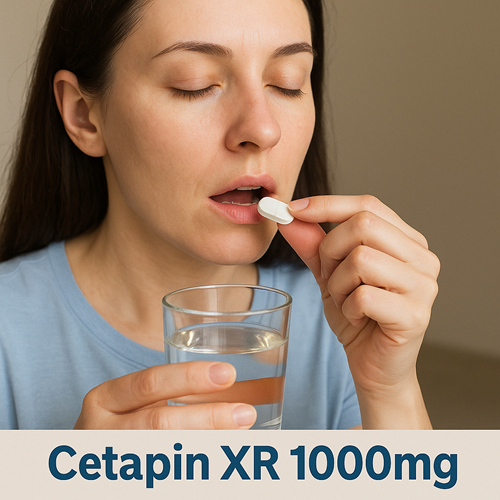 Instructional photo of taking a Cetapin XR 1000mg tablet orally with water
