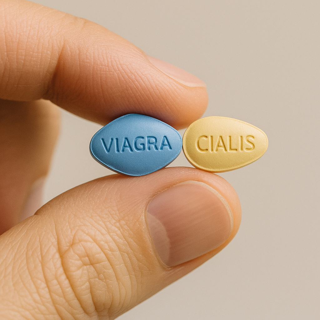 A person holding and comparing Viagra and Cialis tablets in hand