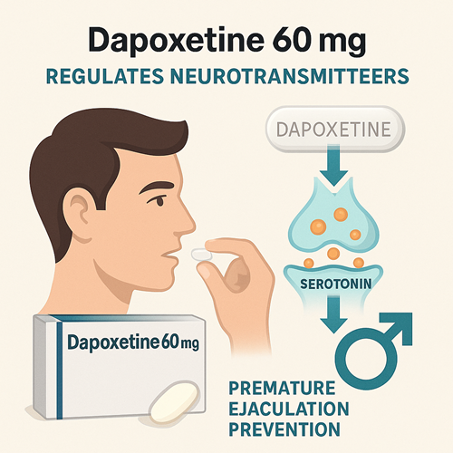 Visual diagram showing how Dapoxetine 60mg regulates neurotransmitters to prevent premature ejaculation