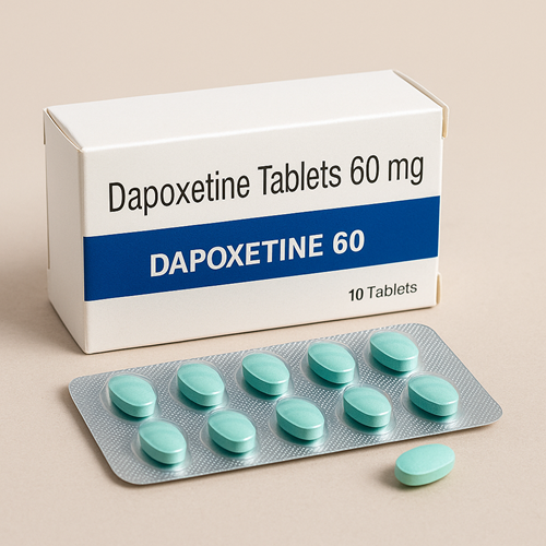 Dapoxetine 60mg product photo clearly showing the product package and tablet