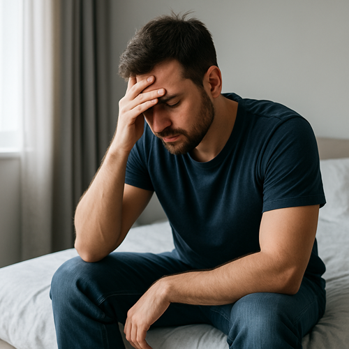 Depressed man sitting on a bed