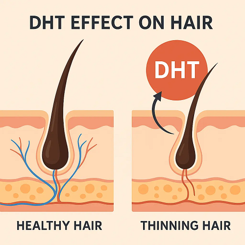 Medical diagram explaining the effect of DHT on hair
