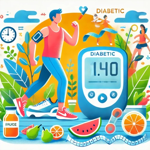Diabetic patient exercising and eating healthy food as part of daily routine