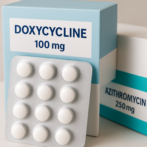 Doxycycline and Azithromycin package and packaging box close-up image
