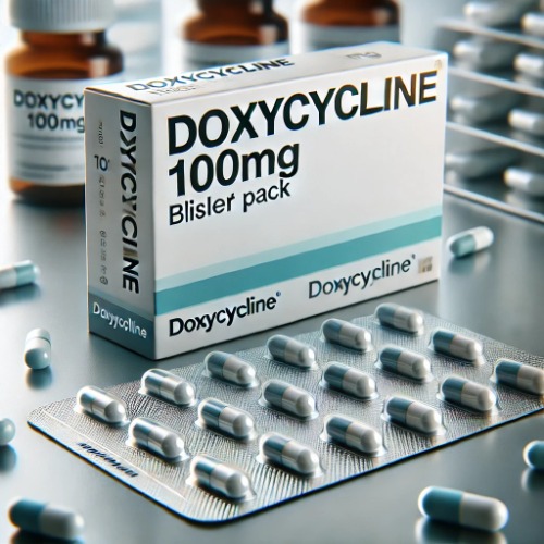 Close-up of Doxycycline 100mg blister pack and packaging