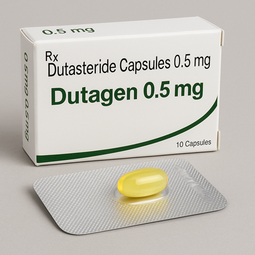 Dutagen 0.5mg package and softgel capsule close-up image