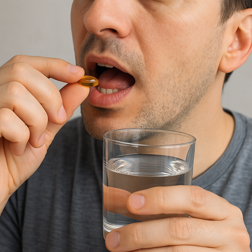 Instructional photo of taking a Dutas 0.5mg capsule orally with water