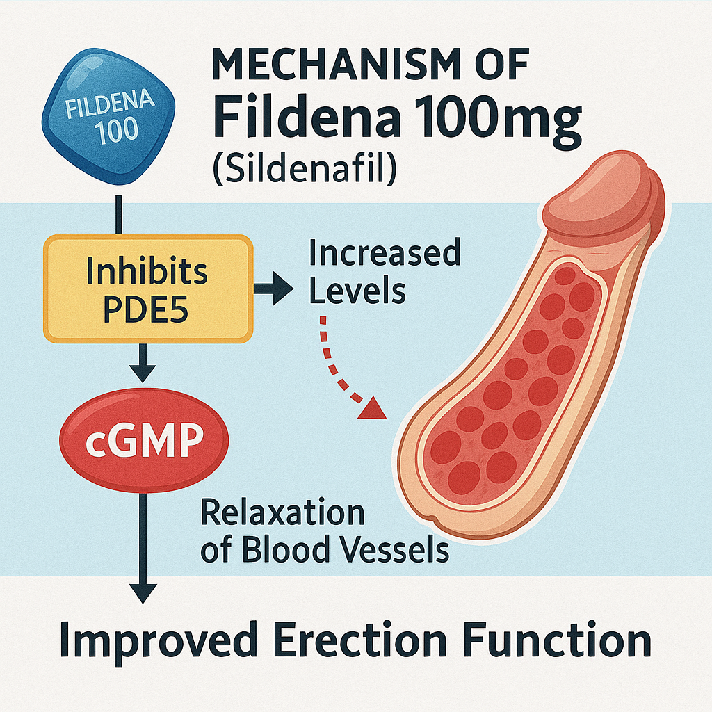 Medical diagram explaining the mechanism of Fildena 100mg (Sildenafil)