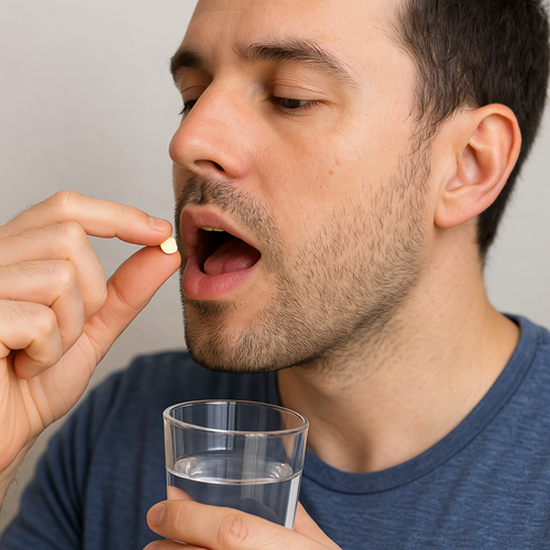A person orally taking a Finalo 1mg tablet
