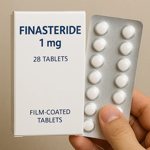 Finasteride 1mg package and packaging box close-up image