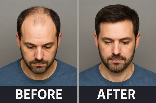 Before & after comparison photo of a man with hair restored after using Finasteride