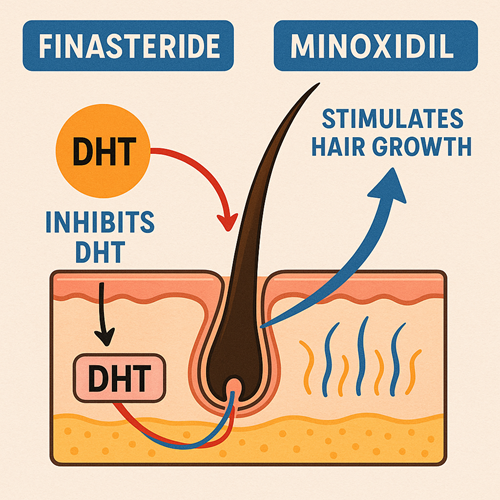 Visual diagram showing how finasteride inhibits DHT and minoxidil stimulates hair growth