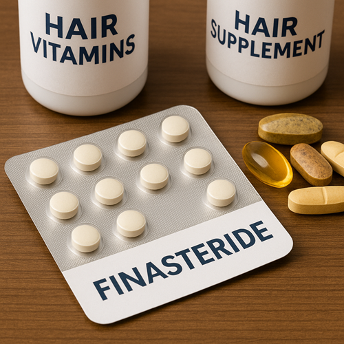 Close-up of Finasteride tablets alongside hair vitamins and supplements