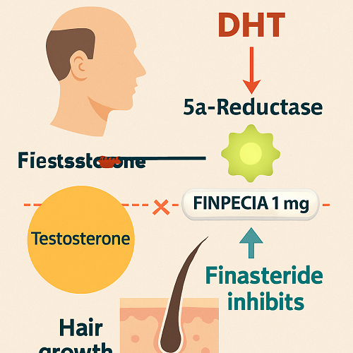 Medical diagram explaining how Finpecia 1mg (Finasteride) inhibits DHT production