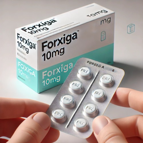 Close-up of Forxiga 10mg blister pack and packaging box