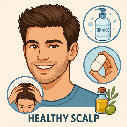 Image highlighting thick hair and healthy scalp care routine