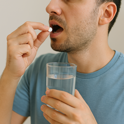 Instructional photo of taking an F-pecia 1mg tablet orally with water