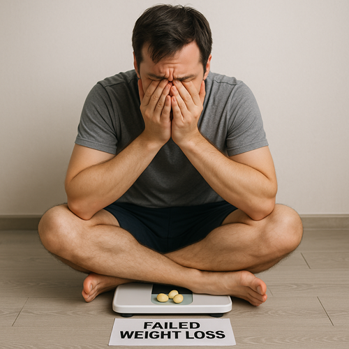 Frustrated person on a scale showing disappointment after failed weight loss