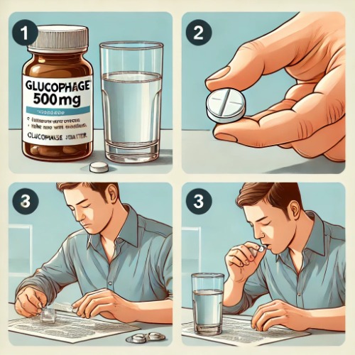 Step-by-step photo showing how to take Glucophage tablets with water