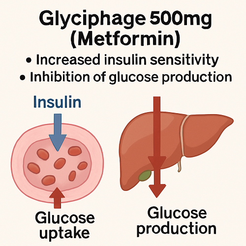 Medical diagram explaining the mechanism of Glyciphage 500mg (Metformin) – increased insulin sensitivity and inhibition of glucose production