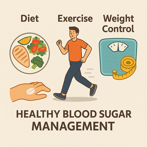 Image emphasizing balanced diet, exercise, and weight control for healthy blood sugar management