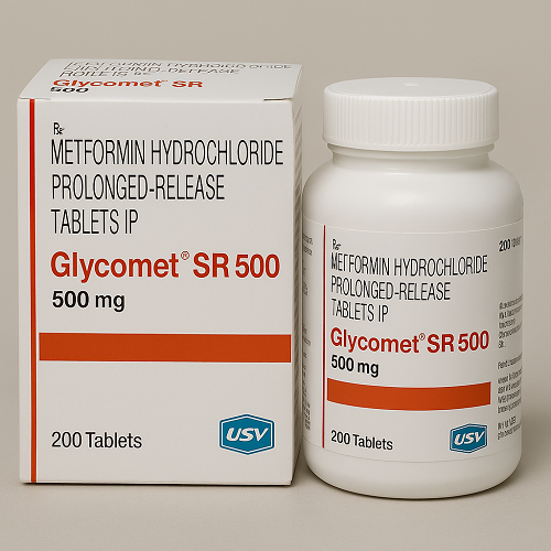 Glycomet SR 500mg product photo clearly showing the product package and 200-tablet bottle