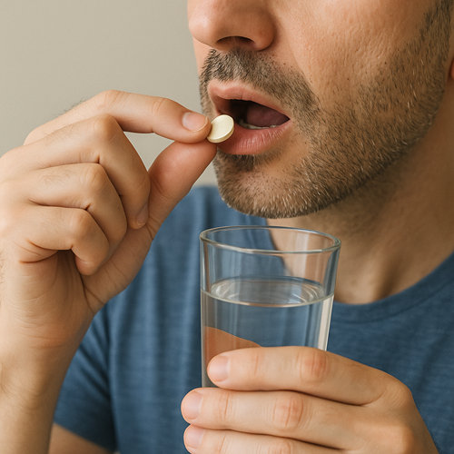Instructional photo of taking a Healpecia 1mg tablet orally with water