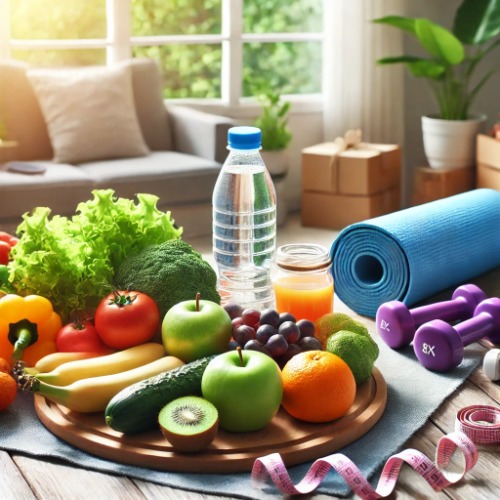 Healthy lifestyle scene with fresh food and fitness gear