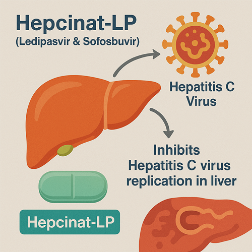 Medical diagram showing how Hepcinat LP (Ledipasvir & Sofosbuvir) inhibits hepatitis C virus replication in the liver