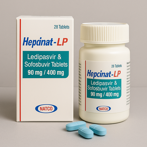 Hepcinat LP product photo clearly showing the product package and tablets