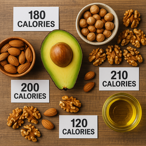 Flat-lay of high-calorie healthy foods like avocado, nuts, and olive oil with calorie labels