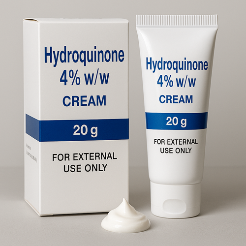 HYDROQUINONE-4%W/W product photo clearly showing the product package and cream formulation