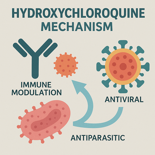 Medical diagram explaining the mechanism of Hydroxychloroquine (immune modulation, antiparasitic, and antiviral effects)