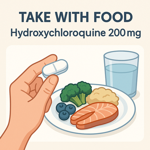 Instructions showing Hydroxychloroquine 200mg being taken with food